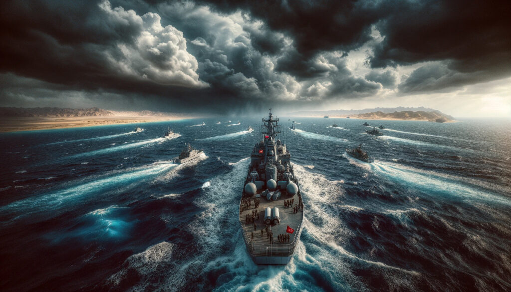 Wide-angle view of the Red Sea, capturing a dramatic scene of naval tensions.